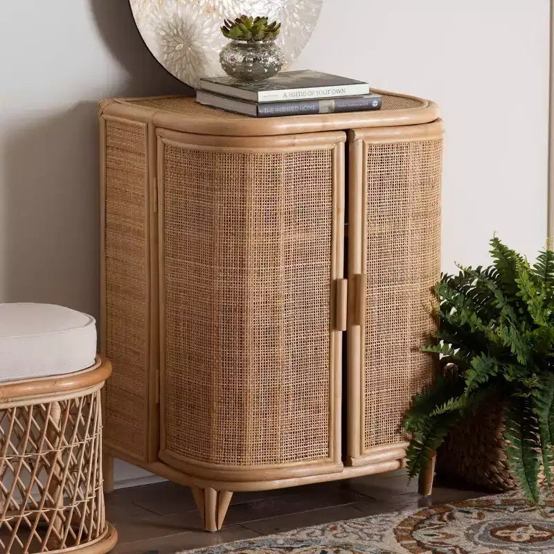 Gabinete de almacenamiento de ratán natural: Hecho a mano, 2 estantes, diseño bohemio