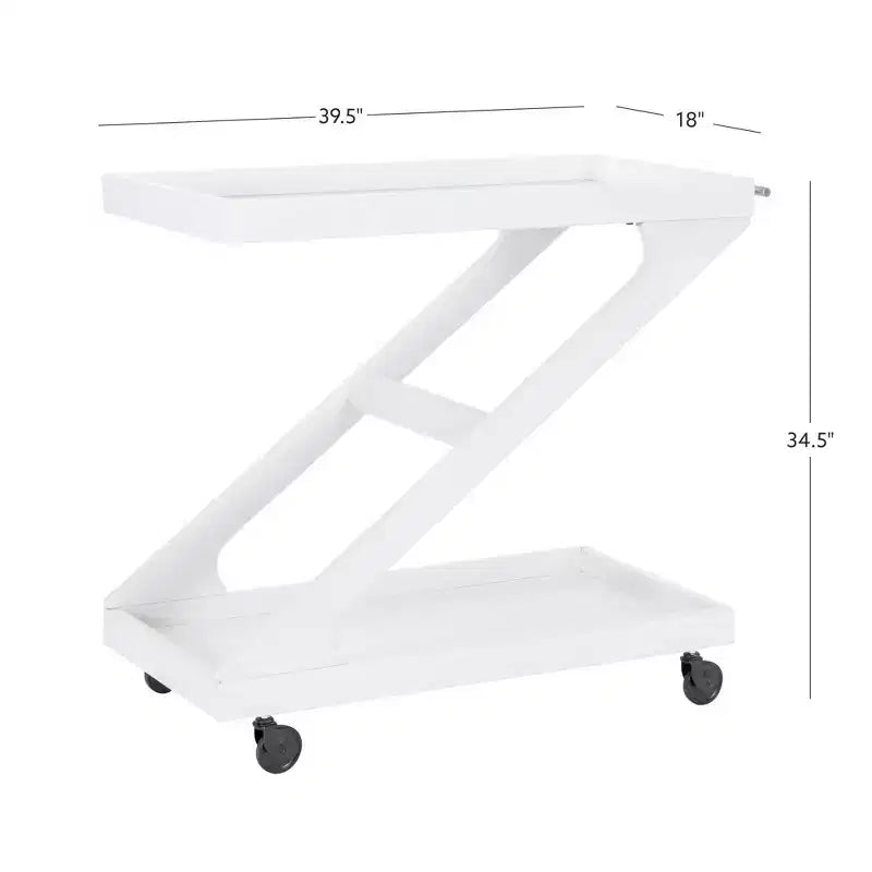 Carrito de bar rodante en madera maciza y vidrio templado con diseño en forma de Z