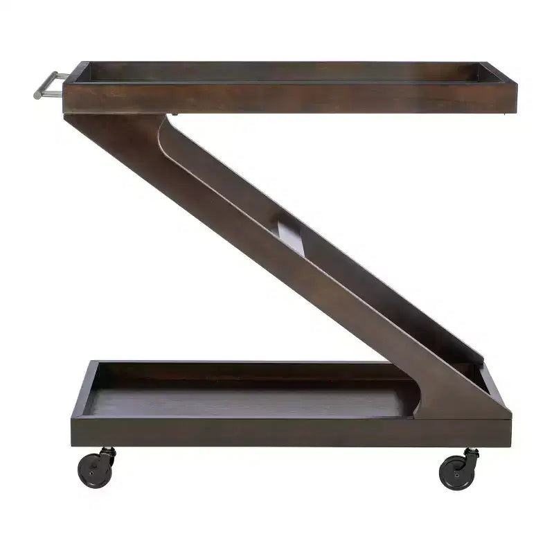 Carrito de bar rodante en madera maciza y vidrio templado con diseño en forma de Z