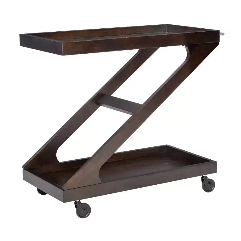 Carrito de bar rodante en madera maciza y vidrio templado con diseño en forma de Z