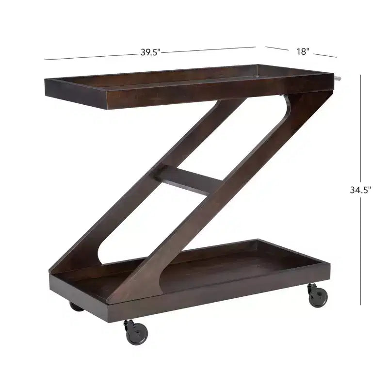 Carrito de bar rodante en madera maciza y vidrio templado con diseño en forma de Z