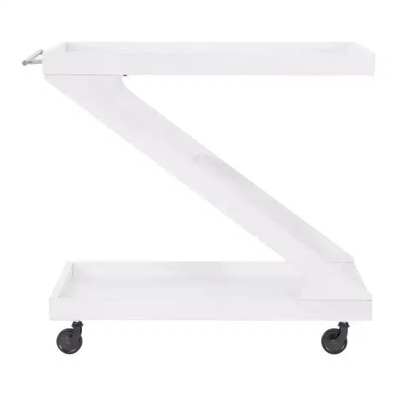 Carrito de bar rodante en madera maciza y vidrio templado con diseño en forma de Z