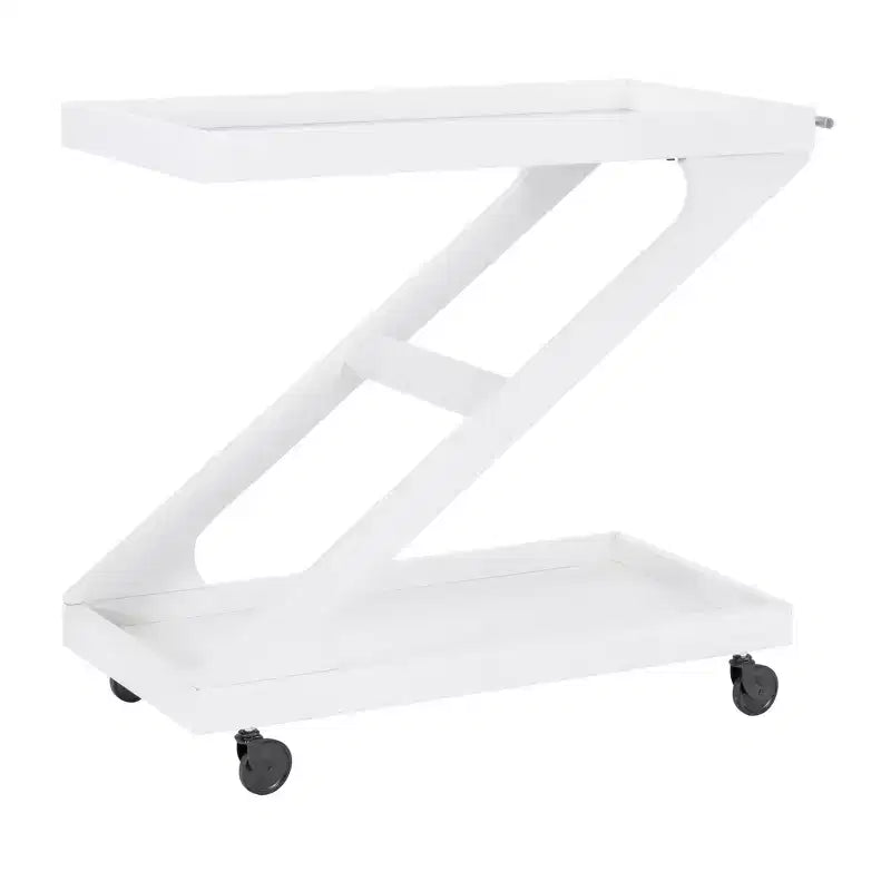 Carrito de bar rodante en madera maciza y vidrio templado con diseño en forma de Z