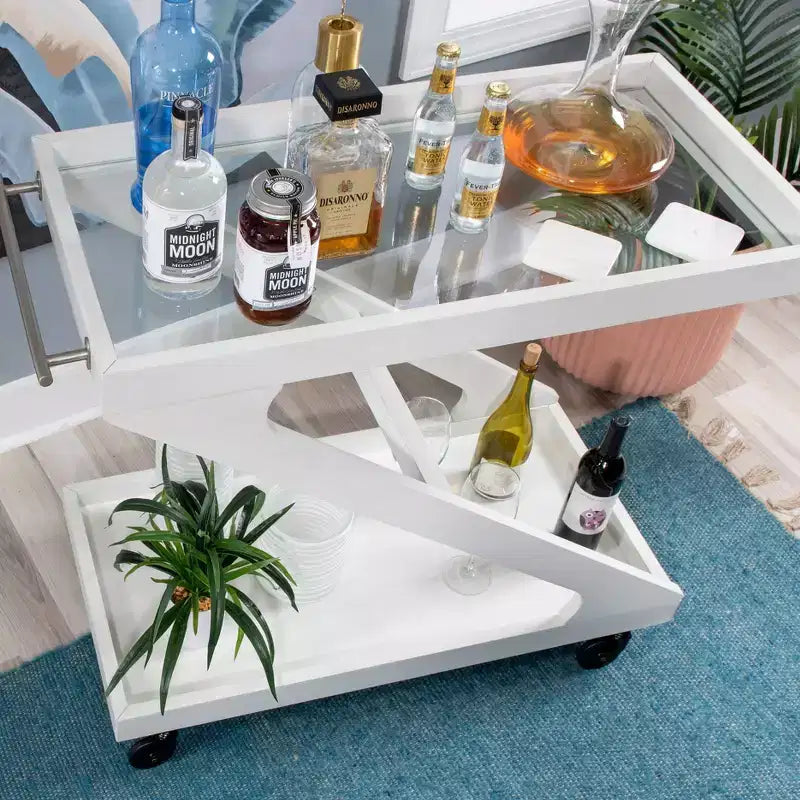 Carrito de bar rodante en madera maciza y vidrio templado con diseño en forma de Z