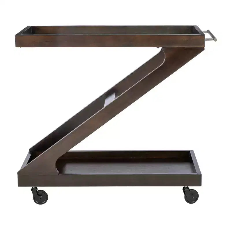 Carrito de bar rodante en madera maciza y vidrio templado con diseño en forma de Z
