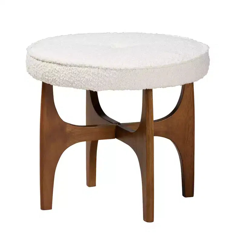 Otomana/Puf de Tela Boucle Color Crema y Madera de Hevea con Acabado Nogal