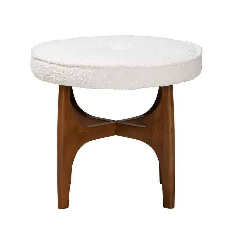 Otomana/Puf de Tela Boucle Color Crema y Madera de Hevea con Acabado Nogal