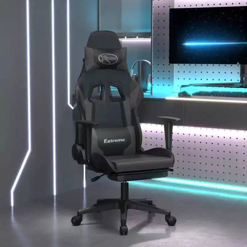 Silla de juego ajustable - Negra y gris, piel sintética, diseño ergonómico, giro de 360 grados, ruedas giratorias, respaldo reclinable y reposapiés