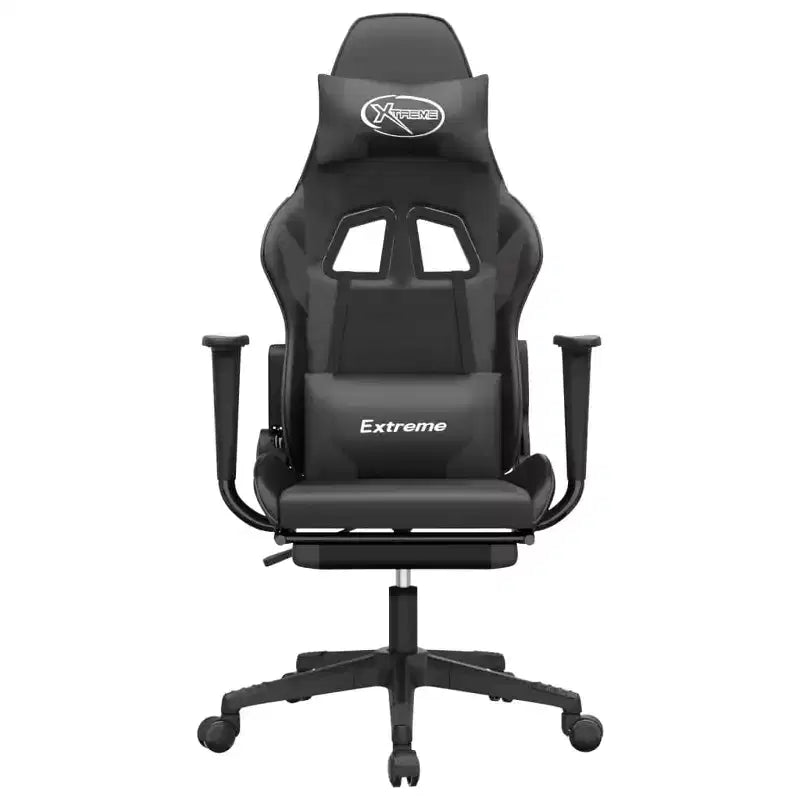 Silla de juego ajustable - Negra y gris, piel sintética, diseño ergonómico, giro de 360 grados, ruedas giratorias, respaldo reclinable y reposapiés