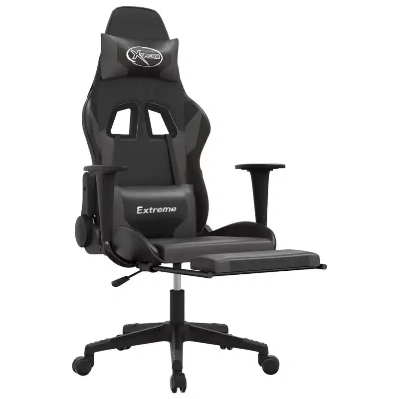 Silla de juego ajustable - Negra y gris, piel sintética, diseño ergonómico, giro de 360 grados, ruedas giratorias, respaldo reclinable y reposapiés