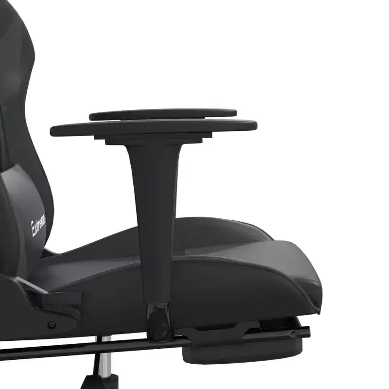 Silla de juego ajustable - Negra y gris, piel sintética, diseño ergonómico, giro de 360 grados, ruedas giratorias, respaldo reclinable y reposapiés