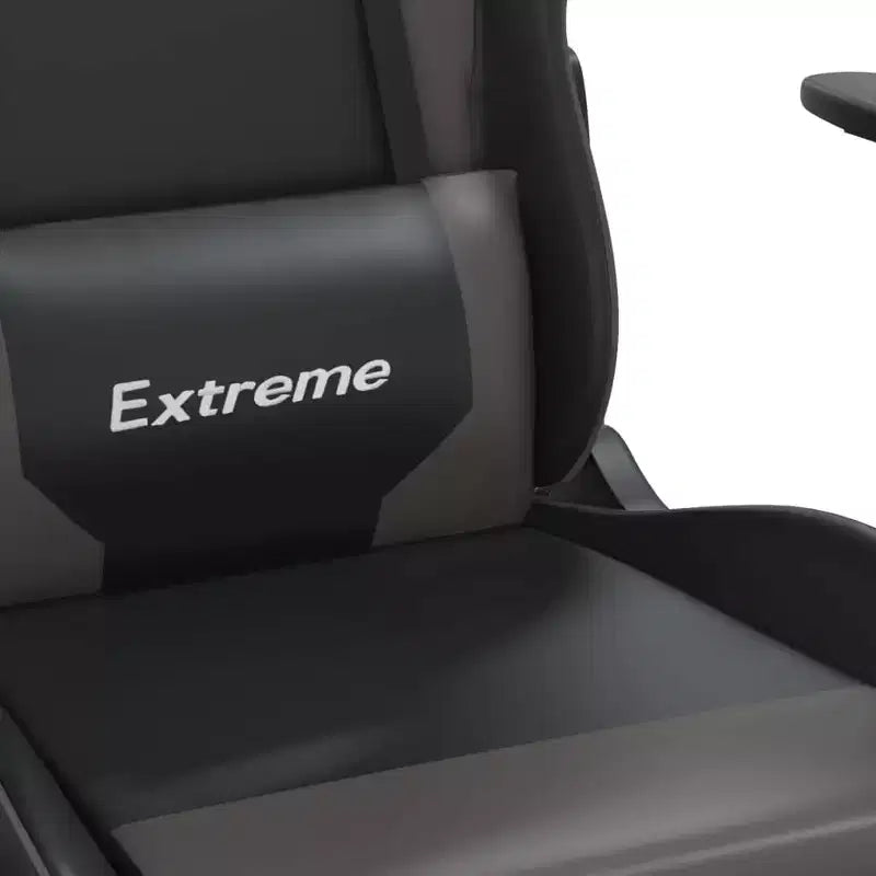 Silla de juego ajustable - Negra y gris, piel sintética, diseño ergonómico, giro de 360 grados, ruedas giratorias, respaldo reclinable y reposapiés