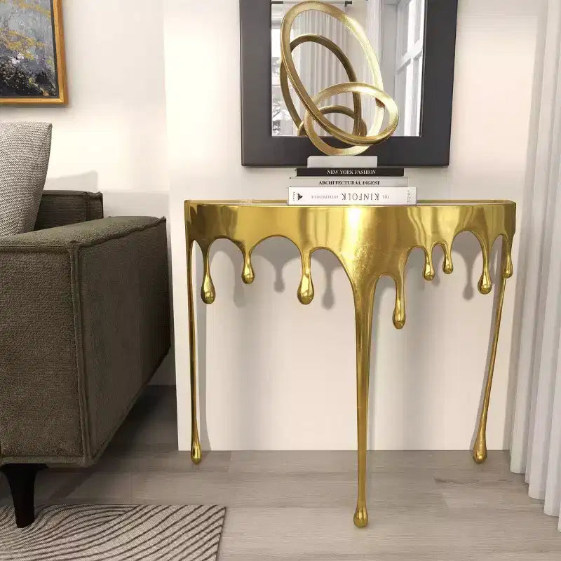 Consola de Aluminio con Patas Diseñadas de Efecto Derretido y Tapa de Cristal Ahumado