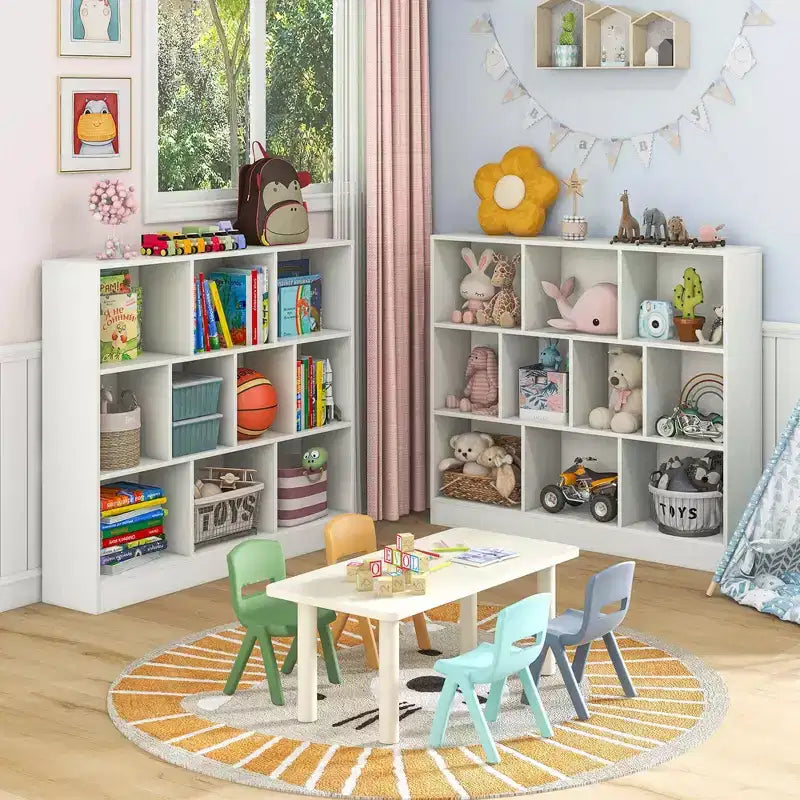 Estantería de 10 cubos para niños, organizador de almacenamiento de juguetes de madera de 41 pulgadas para habitación infantil, blanco/natural