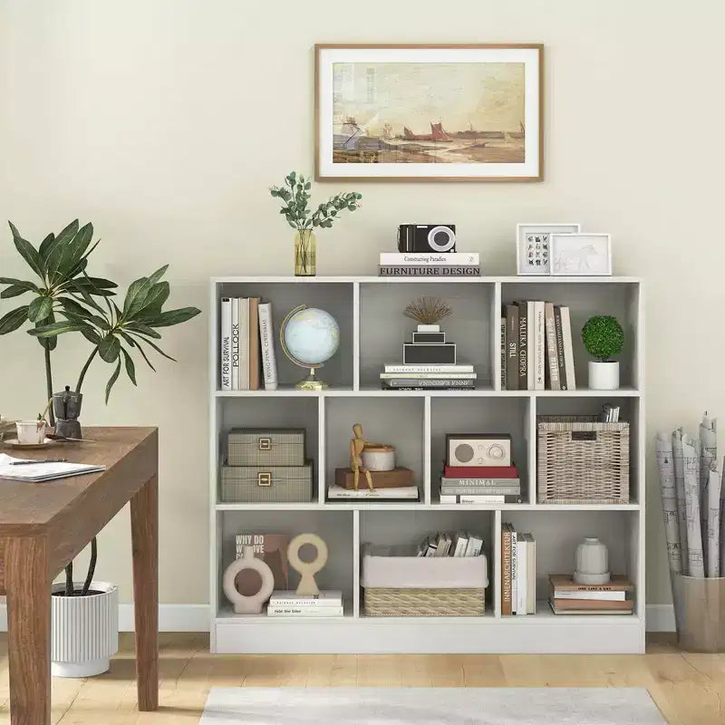 Estantería de 10 cubos para niños, organizador de almacenamiento de juguetes de madera de 41 pulgadas para habitación infantil, blanco/natural