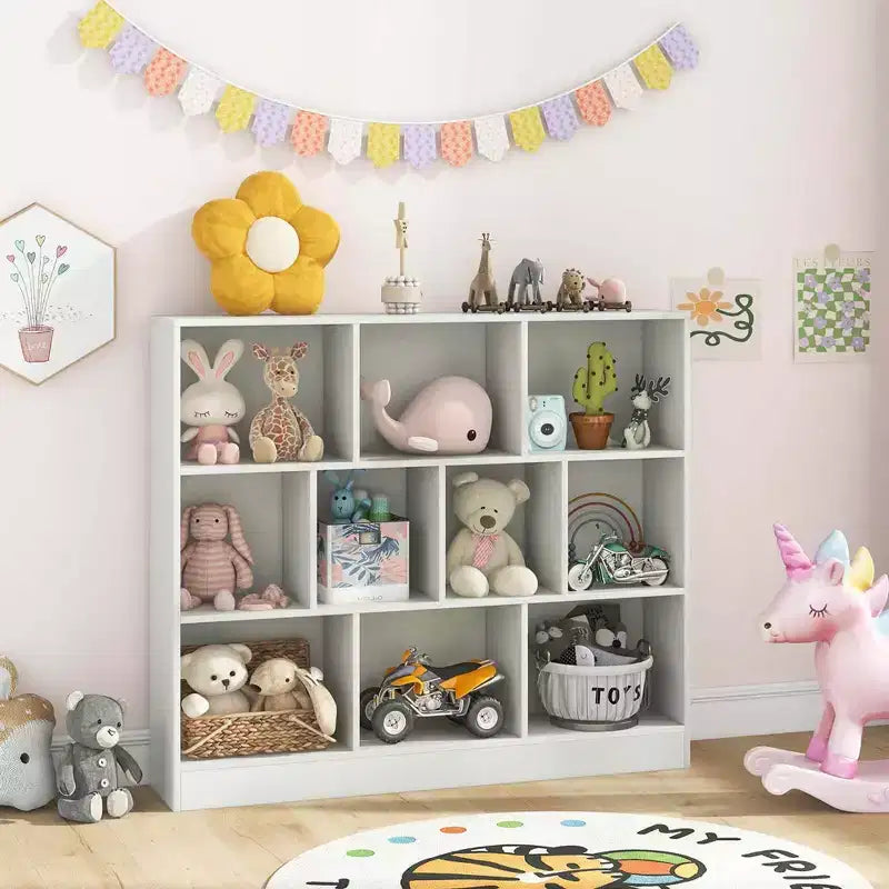Estantería de 10 cubos para niños, organizador de almacenamiento de juguetes de madera de 41 pulgadas para habitación infantil, blanco/natural