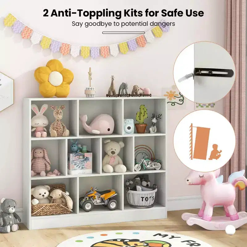 Estantería de 10 cubos para niños, organizador de almacenamiento de juguetes de madera de 41 pulgadas para habitación infantil, blanco/natural