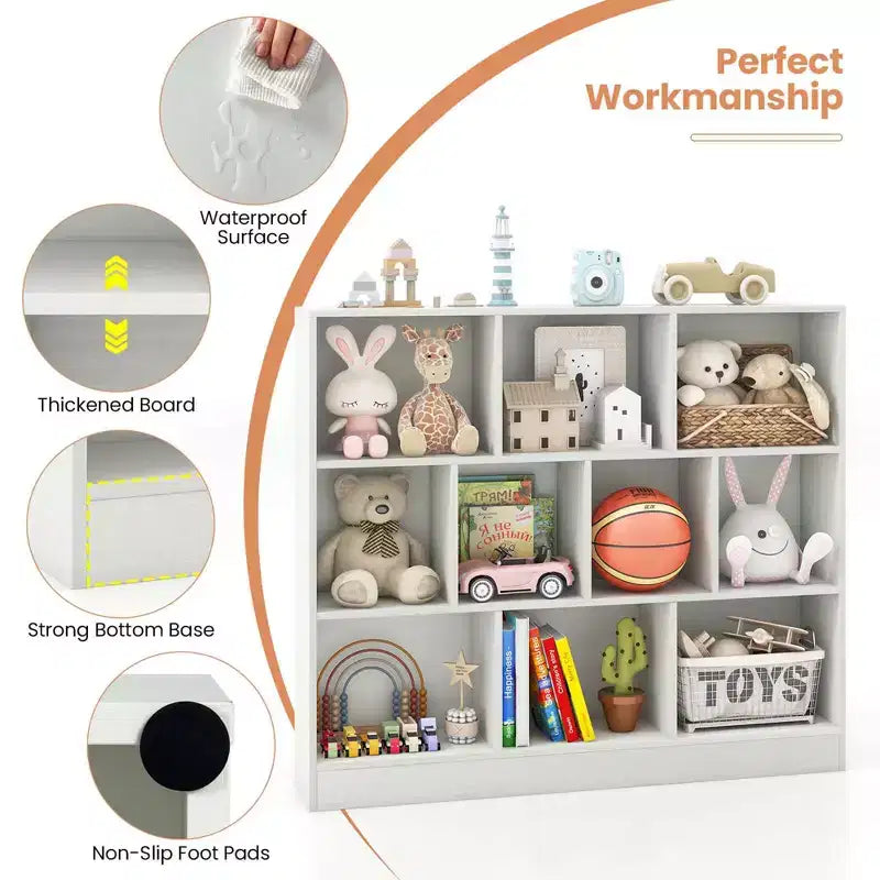 Estantería de 10 cubos para niños, organizador de almacenamiento de juguetes de madera de 41 pulgadas para habitación infantil, blanco/natural