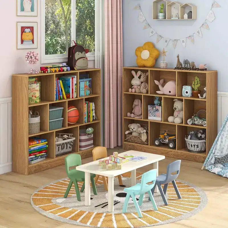 Estantería de 10 cubos para niños, organizador de almacenamiento de juguetes de madera de 41 pulgadas para habitación infantil, blanco/natural