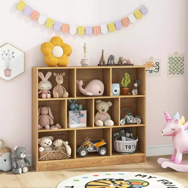 Estantería de 10 cubos para niños, organizador de almacenamiento de juguetes de madera de 41 pulgadas para habitación infantil, blanco/natural