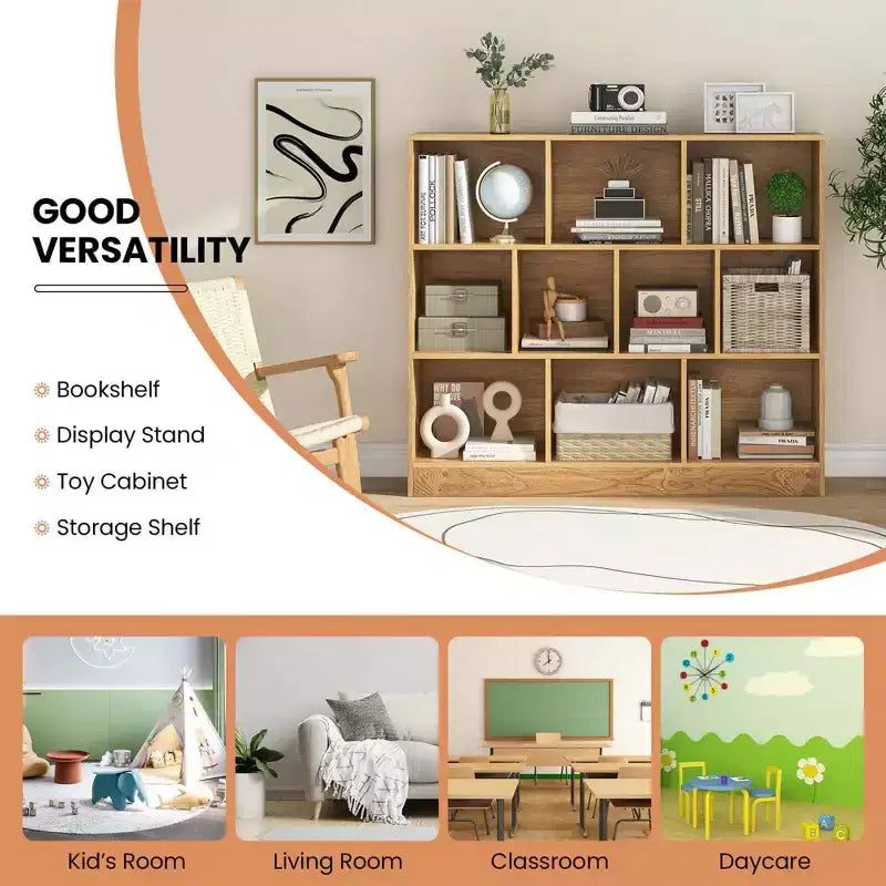 Estantería de 10 cubos para niños, organizador de almacenamiento de juguetes de madera de 41 pulgadas para habitación infantil, blanco/natural