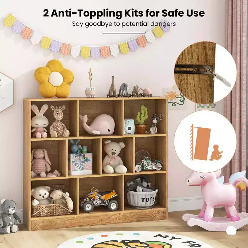 Estantería de 10 cubos para niños, organizador de almacenamiento de juguetes de madera de 41 pulgadas para habitación infantil, blanco/natural