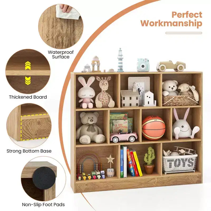 Estantería de 10 cubos para niños, organizador de almacenamiento de juguetes de madera de 41 pulgadas para habitación infantil, blanco/natural