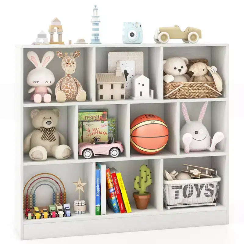 Estantería de 10 cubos para niños, organizador de almacenamiento de juguetes de madera de 41 pulgadas para habitación infantil, blanco/natural