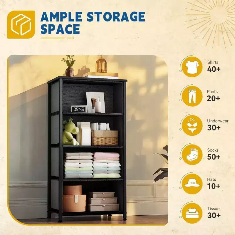 Cómoda de tela de 4 cajones con cubierta de madera, estructura de acero, amplio almacenamiento para dormitorio, sala de estar, clóset