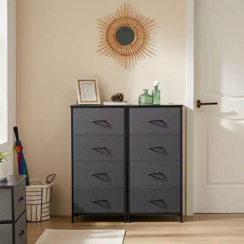 Cómoda de tela de 4 cajones con cubierta de madera, estructura de acero, amplio almacenamiento para dormitorio, sala de estar, clóset