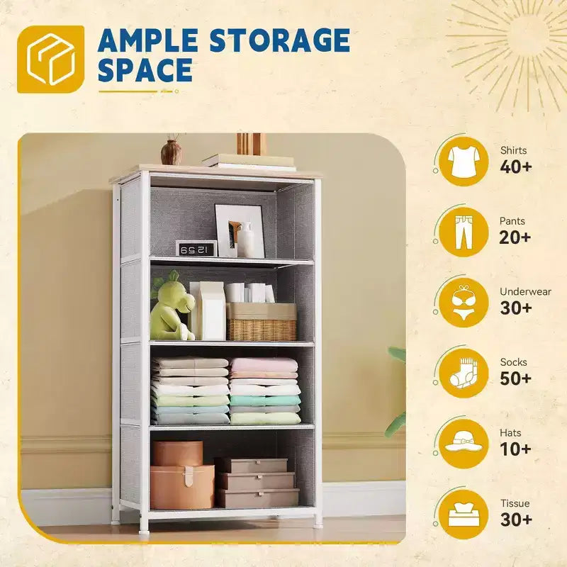 Cómoda de tela de 4 cajones con cubierta de madera, estructura de acero, amplio almacenamiento para dormitorio, sala de estar, clóset