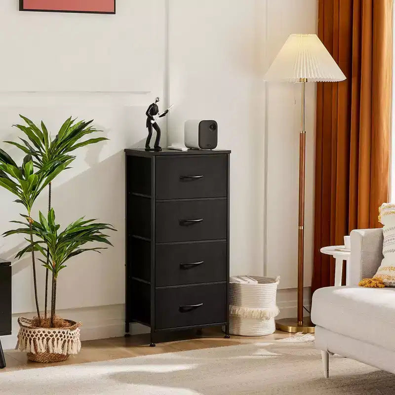 Cómoda de tela de 4 cajones con cubierta de madera, estructura de acero, amplio almacenamiento para dormitorio, sala de estar, clóset