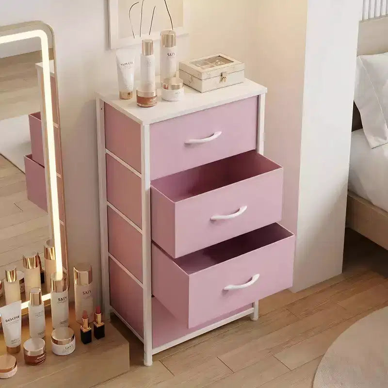 Cómoda de tela de 4 cajones con cubierta de madera, estructura de acero, amplio almacenamiento para dormitorio, sala de estar, clóset