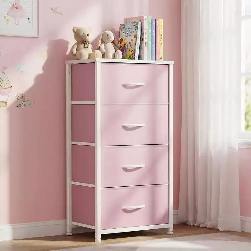 Cómoda de tela de 4 cajones con cubierta de madera, estructura de acero, amplio almacenamiento para dormitorio, sala de estar, clóset