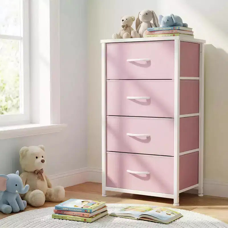 Cómoda de tela de 4 cajones con cubierta de madera, estructura de acero, amplio almacenamiento para dormitorio, sala de estar, clóset