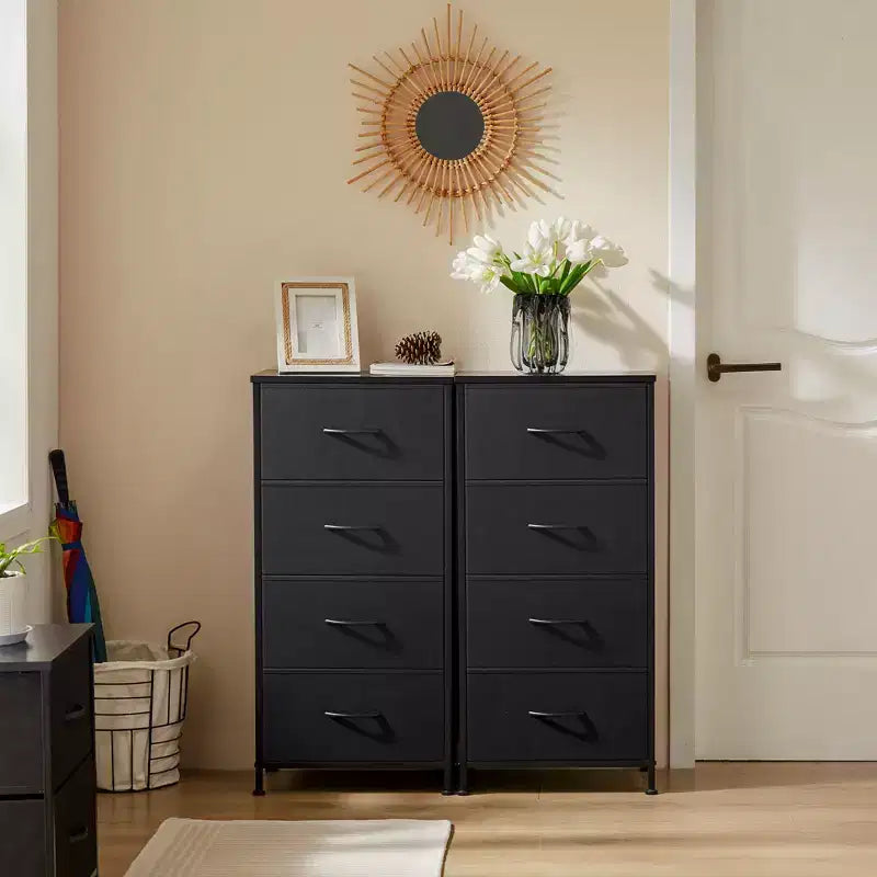 Cómoda de tela de 4 cajones con cubierta de madera, estructura de acero, amplio almacenamiento para dormitorio, sala de estar, clóset
