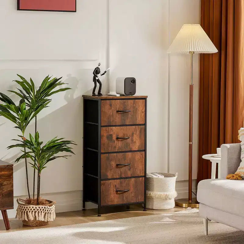 Cómoda de tela de 4 cajones con cubierta de madera, estructura de acero, amplio almacenamiento para dormitorio, sala de estar, clóset