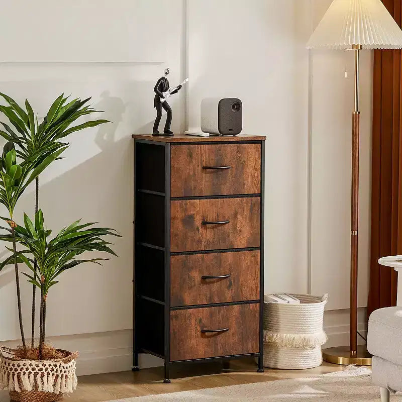 Cómoda de tela de 4 cajones con cubierta de madera, estructura de acero, amplio almacenamiento para dormitorio, sala de estar, clóset