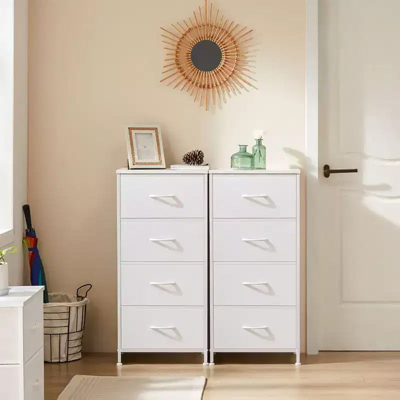 Cómoda de tela de 4 cajones con cubierta de madera, estructura de acero, amplio almacenamiento para dormitorio, sala de estar, clóset
