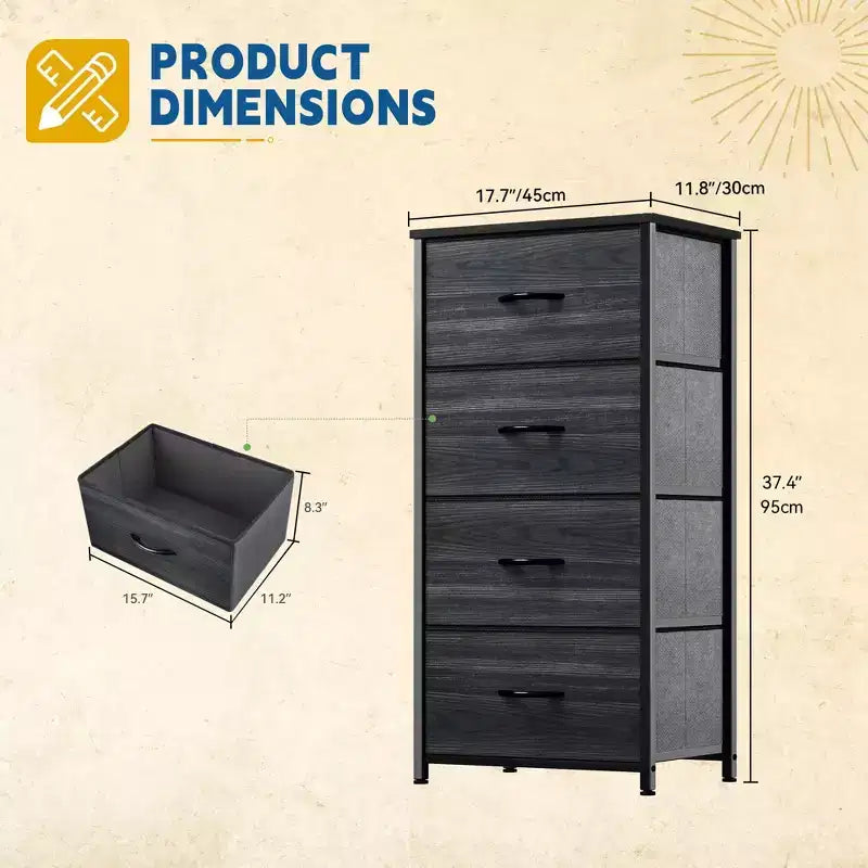 Cómoda de tela de 4 cajones con cubierta de madera, estructura de acero, amplio almacenamiento para dormitorio, sala de estar, clóset