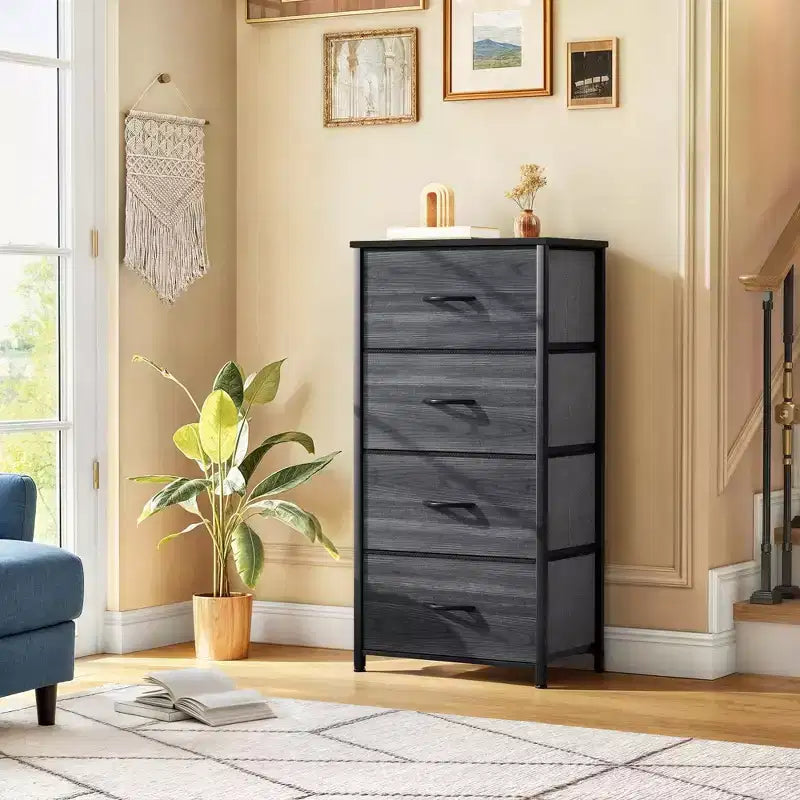 Cómoda de tela de 4 cajones con cubierta de madera, estructura de acero, amplio almacenamiento para dormitorio, sala de estar, clóset