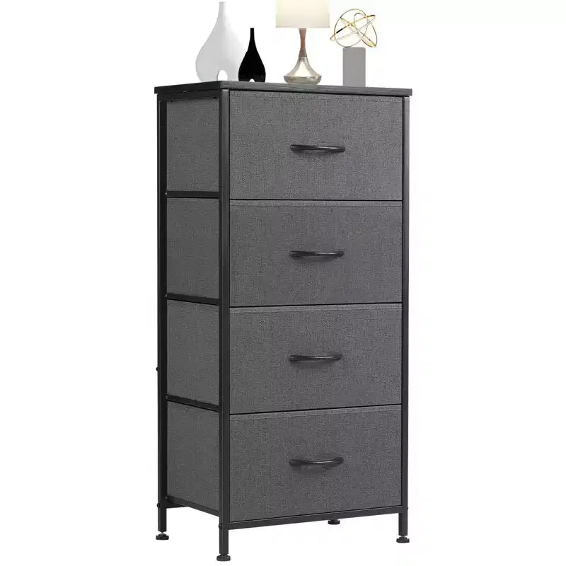 Cómoda de tela de 4 cajones con cubierta de madera, estructura de acero, amplio almacenamiento para dormitorio, sala de estar, clóset