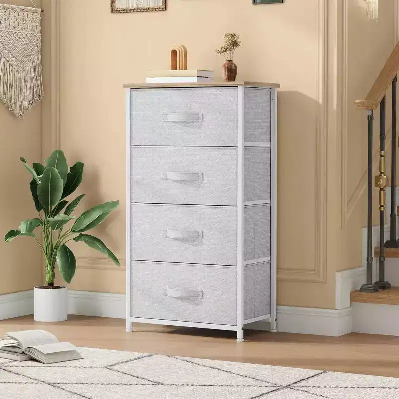 Cómoda de tela de 4 cajones con cubierta de madera, estructura de acero, amplio almacenamiento para dormitorio, sala de estar, clóset