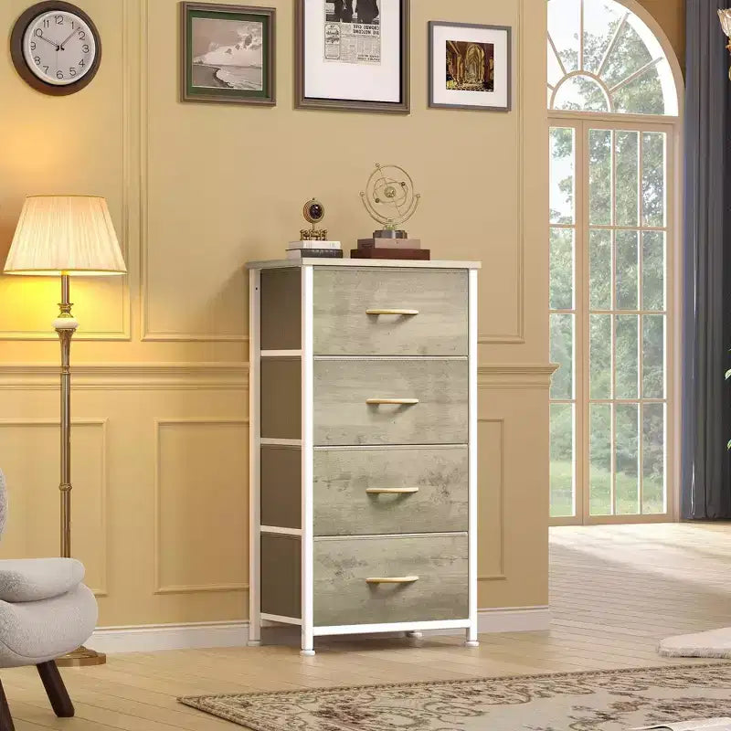 Cómoda de tela de 4 cajones con cubierta de madera, estructura de acero, amplio almacenamiento para dormitorio, sala de estar, clóset