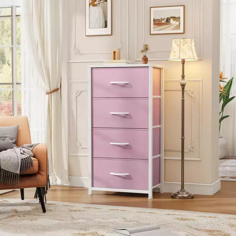 Cómoda de tela de 4 cajones con cubierta de madera, estructura de acero, amplio almacenamiento para dormitorio, sala de estar, clóset