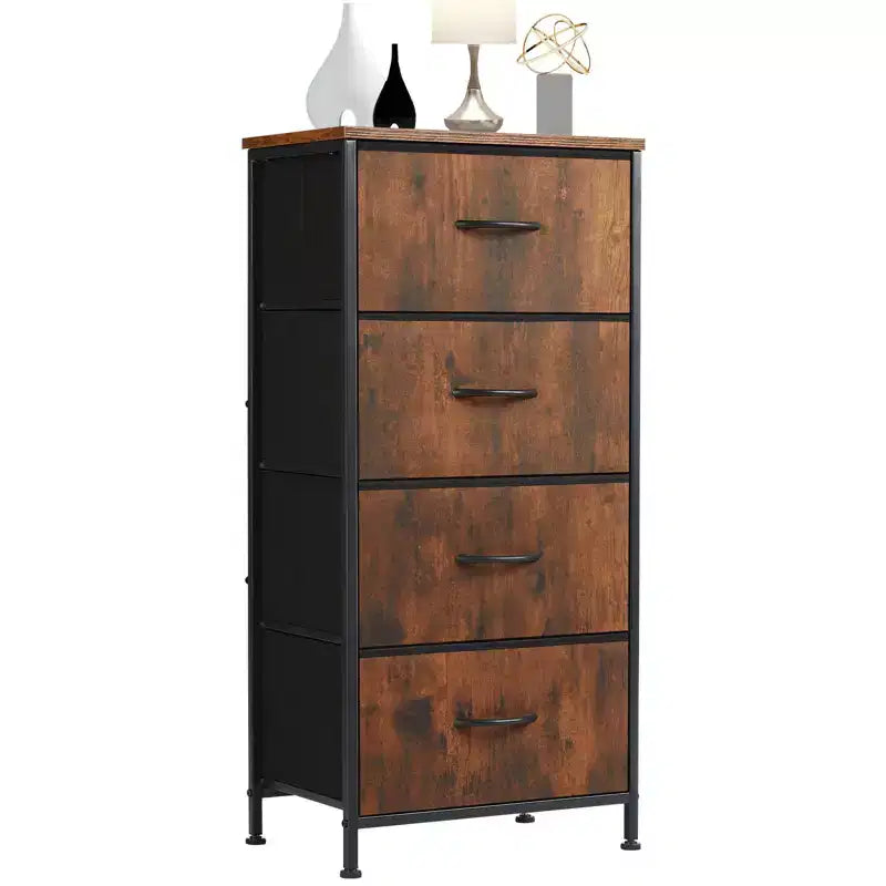 Cómoda de tela de 4 cajones con cubierta de madera, estructura de acero, amplio almacenamiento para dormitorio, sala de estar, clóset