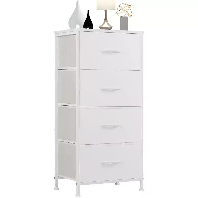 Cómoda de tela de 4 cajones con cubierta de madera, estructura de acero, amplio almacenamiento para dormitorio, sala de estar, clóset