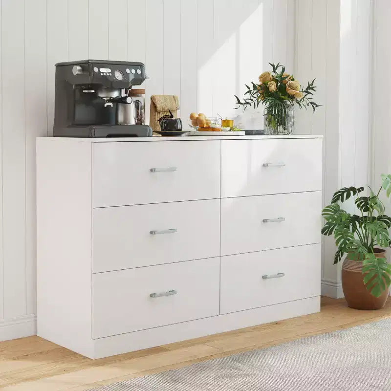 Cómoda doble de 6 cajones, moderna, de madera, con almacenamiento para dormitorio, blanca