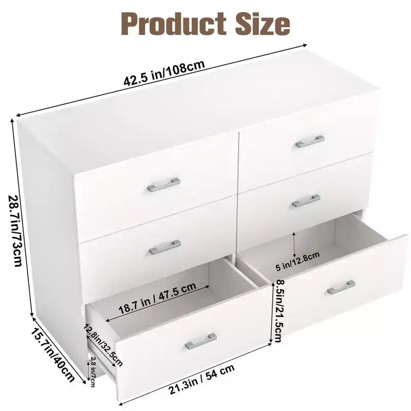 Cómoda doble de 6 cajones, moderna, de madera, con almacenamiento para dormitorio, blanca