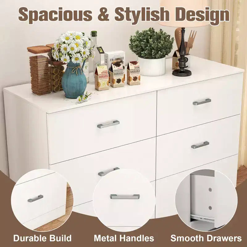 Cómoda doble de 6 cajones, moderna, de madera, con almacenamiento para dormitorio, blanca
